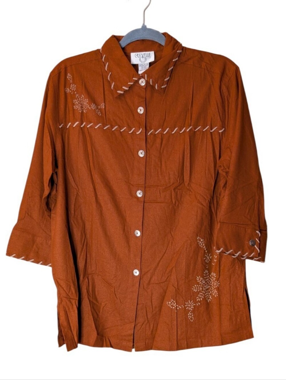 Vintage Cervelle 100% Silk Embroidered Western Blouse Rust Orange Medium